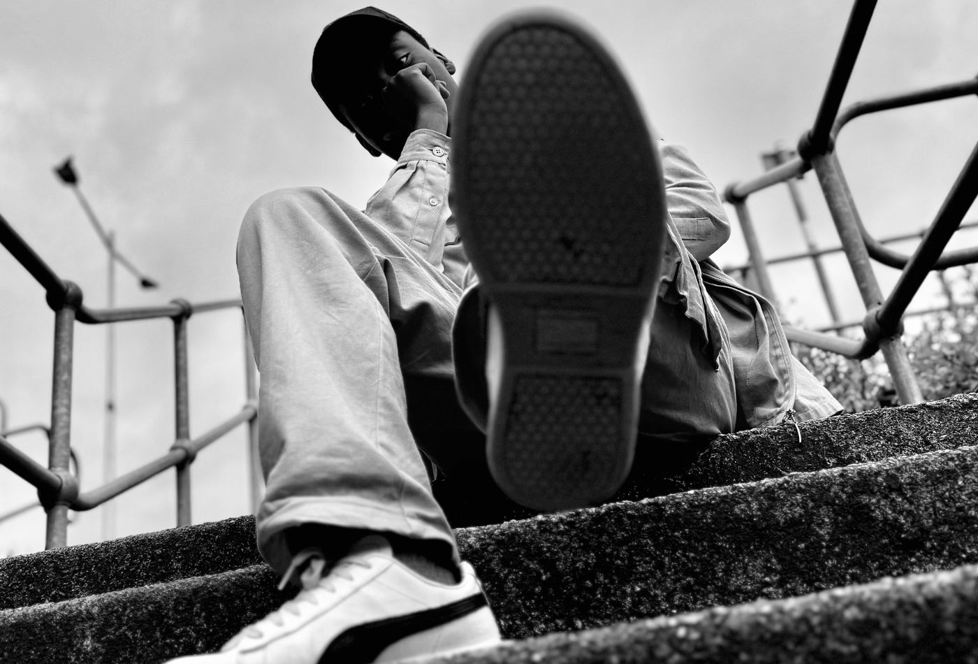 Black-and-white moving-image still